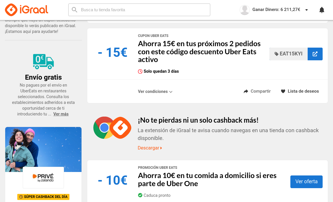 Ofertas Uber Eats para usuarios ya registrados