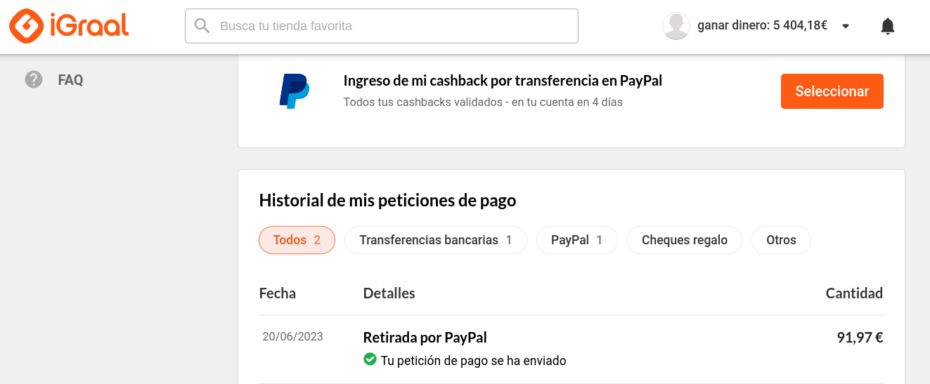 Prueba de solicitud de pago en Paypal por invitado de iGraal correctamente procesada